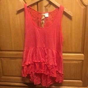 Pink hi lo tank with ruffle and lace detail